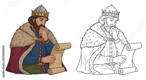 King Alfred the Great Coloring Page Detailed Portrait in Colored and Outline Styles for History