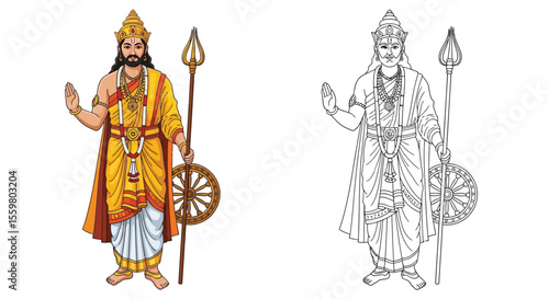 King Ashoka the Great Coloring Page Majestic Ruler in Outline and Colored Styles