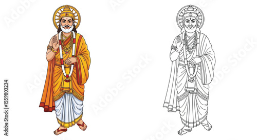 King Ashoka the Great Coloring Page Historical Emperor in Outline and Colored Styles