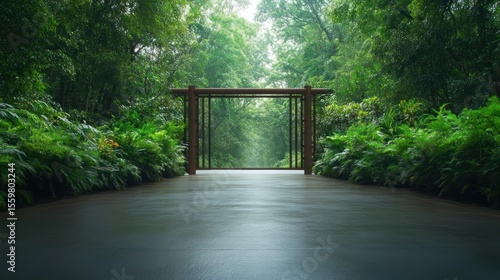 Pathway To Wooden Gate Amidst Lush Greenery With Soft Natural Light