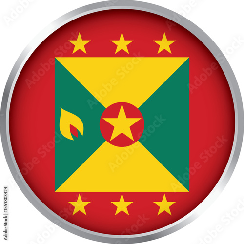 Glossy round icon of Grenada national flag with red border, yellow stars, green field, and nutmeg symbol

