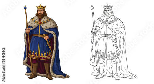 King Charlemagne Coloring Page Famous Emperor in Colored and Outline Portrait Style