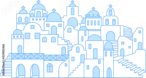 Flat cartoon santorini village vector – blue dome church, cave houses, mediterranean scene