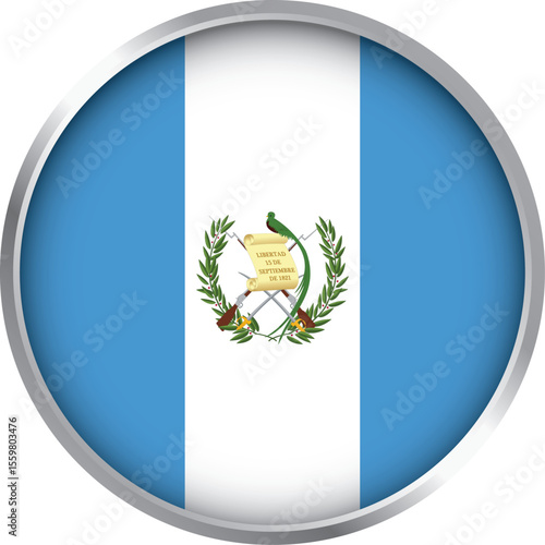 Glossy round icon of Guatemala national flag with blue and white stripes and emblem featuring quetzal bird

