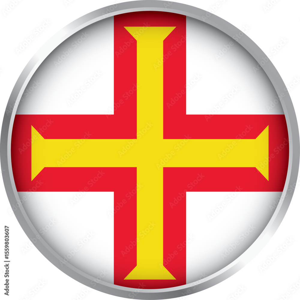 Obraz premium Glossy round icon of Guernsey national flag with red cross and gold Norman cross in silver border design