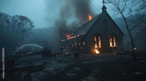 Burning Church Structure At Night with Flames Smoke and a Gloomy Atmosphere