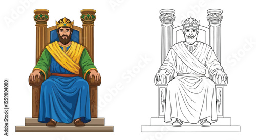 King Solomon Coloring Page Legendary Biblical Ruler in Detailed Color and Outline Style