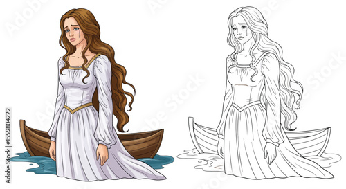 Lady of Shalott Coloring Page Arthurian Legend Heroine in Colored and Outline Versions