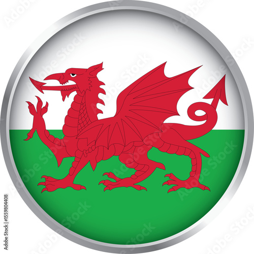 Glossy round icon with Welsh flag featuring red dragon on white and green background with silver border


