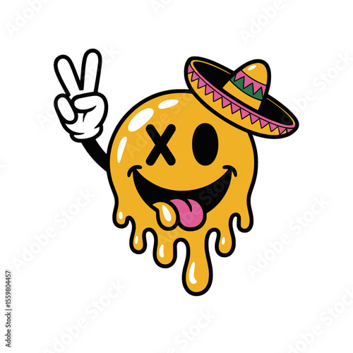 Yellow Dripping Smiley Face Sombrero Peace Cartoon, Playful yellow dripping smiley face with a cartoon sombrero and peace sign hand gesture, perfect for fun urban and festive designs.

