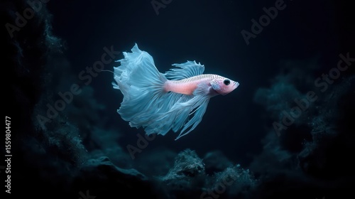 Pixelated Digital Art Rendered Betta Fish in Dark Blue Aquatic Environment with Textured Cloud Formations