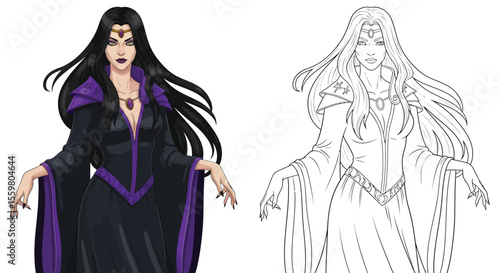 Morgan le Fay Coloring Page Powerful Enchantress in Color and Outline Styles