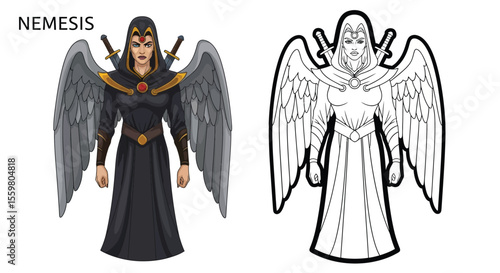 Nemesis Greek Goddess of Retribution Coloring Page Powerful Deity in Dual Illustrations