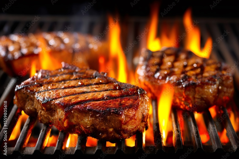 Delicious grilled steaks cooking on a hot grill with flames Delicious grilled steaks cooking on a hot grill with flames