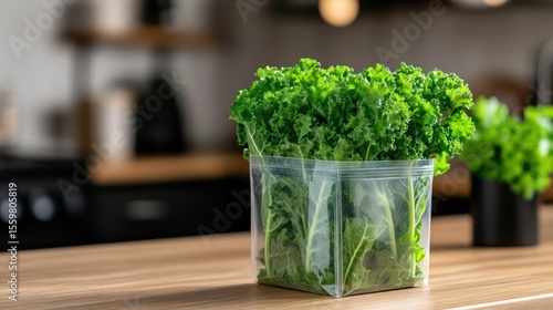 Fresh Green Kale In Clear Container On Wooden Countertop With Blurred Kitchen Interior Healthy Food Concept