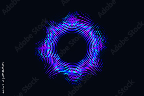 Circular digital soundwave glows on a dark background, vibrant abstract technology, music visualization, or data flow.