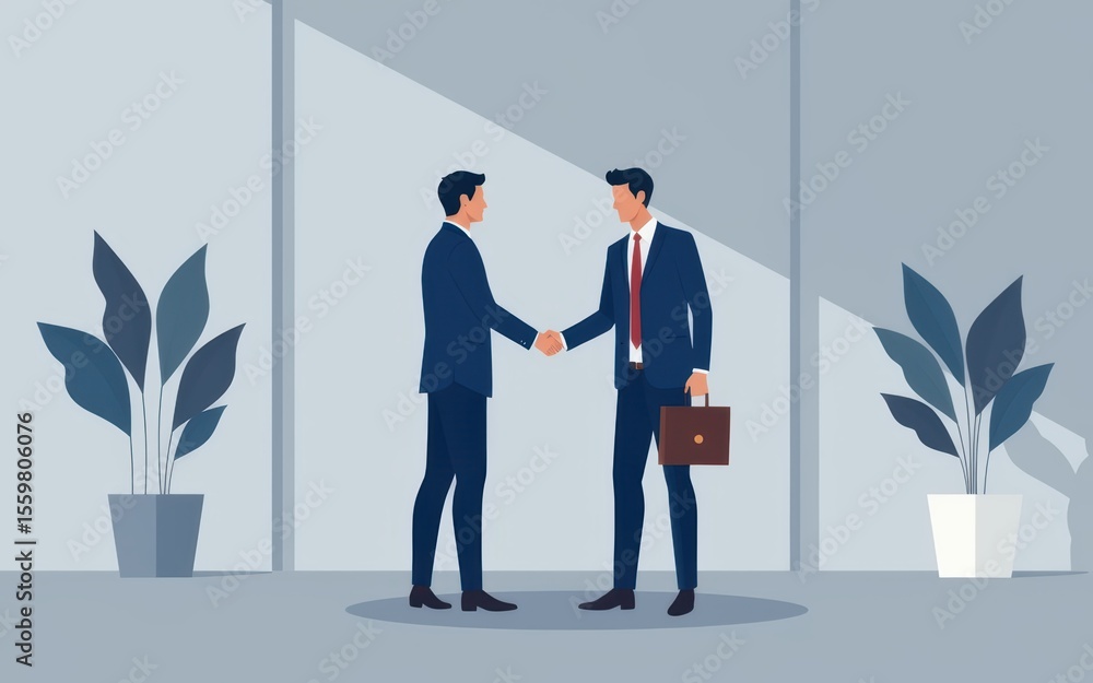 Fototapeta premium Businessmen shaking hands in an office setting with plants around.