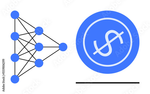 Neural network diagram connecting nodes on left, with dollar sign in blue circle on right. Ideal for technology, finance, machine learning, AI, innovation, digital economy investment. Simple flat