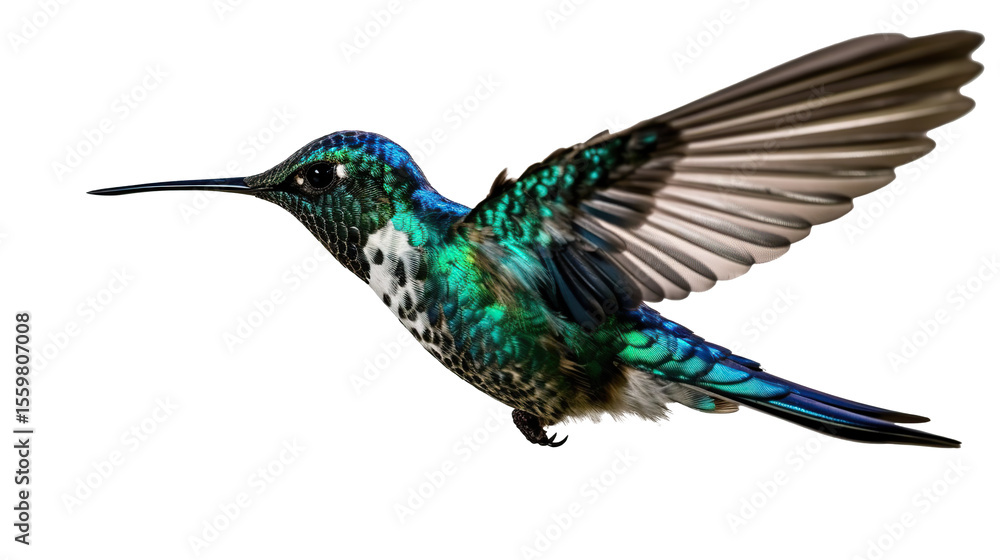 Fototapeta premium A colorful hummingbird flying flapping its wings isolated on transparent background. PNG