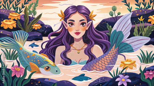 Cartoon vector of a whimsical mermaid garden with floating aquatic plants, colorful seaweed, coral elements, and magical underwater ambiance perfect for fantasy-themed illustrations