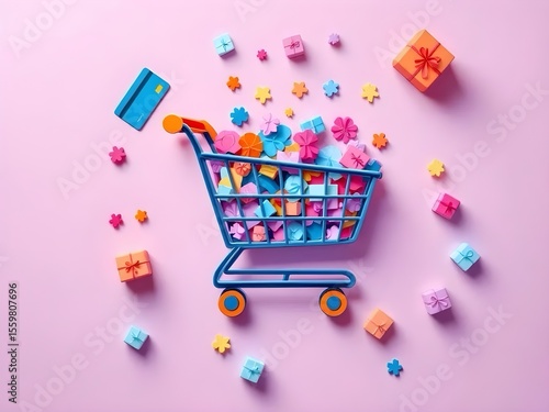 Shopping cart icon made of colorful paper cutouts, credit card and mini boxes