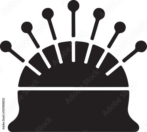Black silhouette of a pincushion with pins isolated on white background