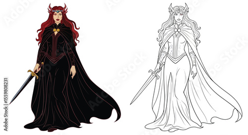 The Morrigan Celtic Battle Goddess Coloring Page Iconic Deity in Dual Art Styles