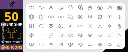 Premium Friendship Line Icons Bundle 50 Editable Stroke  Contains such icons as Friend, representing friendship, unity, love, peace, connection, and bonding. Perfect for apps, websites, infographics, 