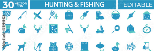 Hunting and fishing vector icon set. Containing Fish, Tripod, Stand, Hunt, Cast, Bait, Reel, Trail, Wild, Outdoor, Game, Fishing Rod and more. Solid vector icons collection.