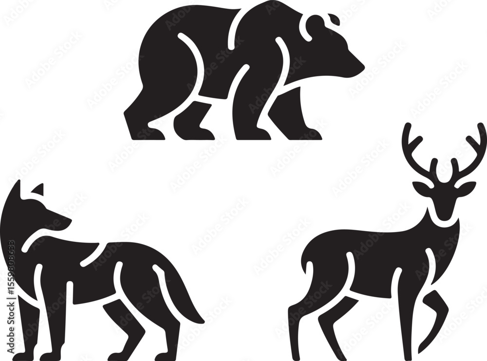 Fototapeta premium Stylized black silhouettes of bear wolf and deer isolated on white background