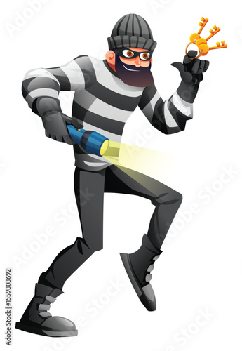 Thief in mask and striped clothes with flashlight and keys, concept of crime and breaking the law. Vector cartoon character illustration