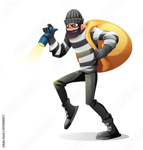 Robber in mask and striped clothes walks carefully while carrying a flashlight and a large sack. Vector cartoon character illustration