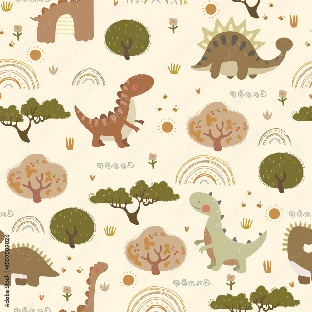 Naklejka premium Hand drawn dino, trees, and rainbows. Vector illustration with animals and cartoon nature, seamless pattern.