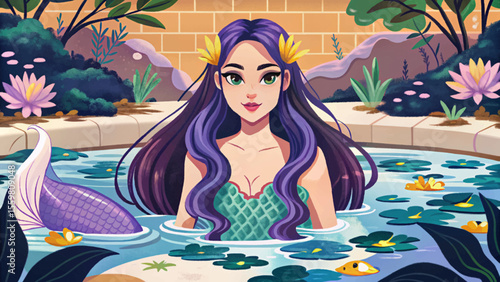 Cartoon vector of a whimsical mermaid garden with floating aquatic plants, colorful seaweed, coral elements, and magical underwater ambiance perfect for fantasy-themed illustrations