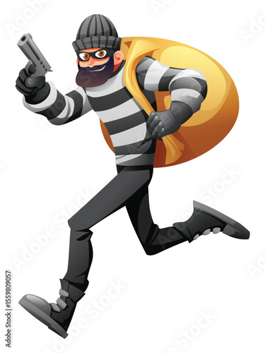 Robber in mask and striped clothes running with a gun and a large sack. Vector cartoon character illustration