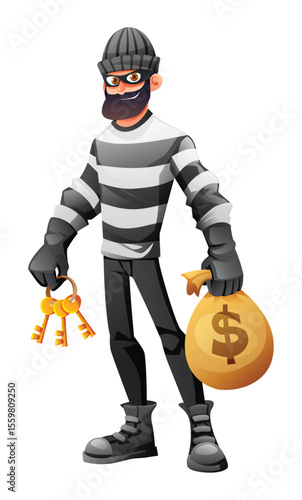 Thief in mask and striped clothes holding keys and a bag of money. Vector cartoon character illustration