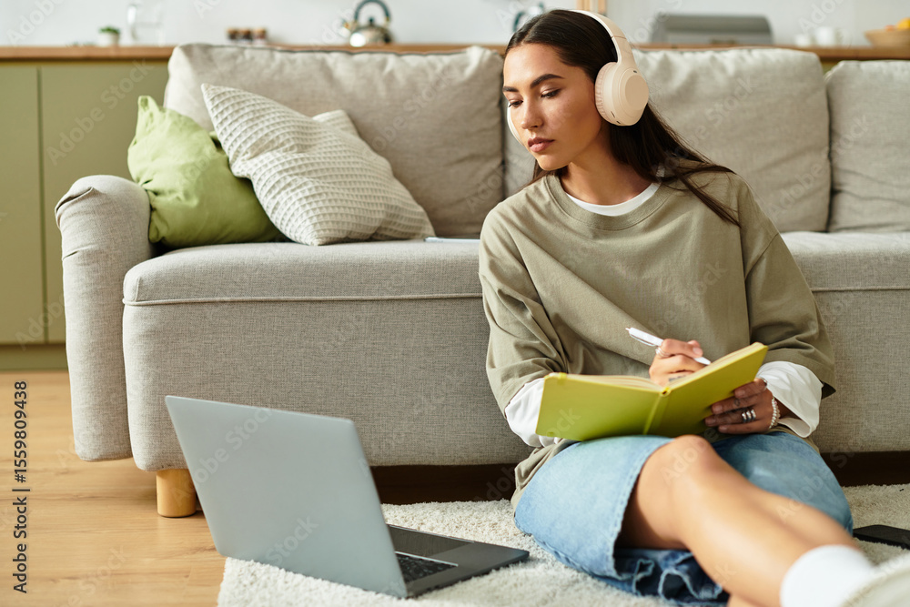 Young woman enjoying a cozy afternoon at home while studying and listening to music Young woman enjoying a cozy afternoon at home while studying and listening to music