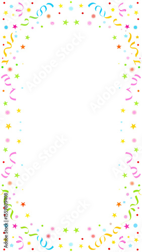 Festive border design featuring colorful confetti stars and curling ribbons on a white background for celebrations