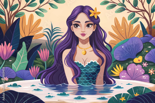 Cartoon vector of a whimsical mermaid garden with floating aquatic plants, colorful seaweed, coral elements, and magical underwater ambiance perfect for fantasy-themed illustrations