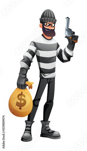 Robber in mask and striped clothes holding a gun and a bag of money. Vector cartoon character illustration