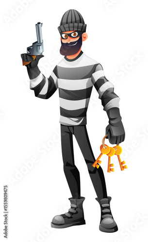 Robber in mask and striped clothes holding a gun and keys. Vector cartoon illustration