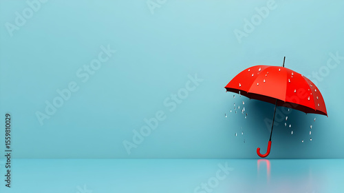 Raindrops on a blue background on a red umbrella represent protection and weather forecasting.