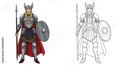 Valkyrie Norse Warrior Woman Coloring Page Mythical Figure in Colored Outline Art