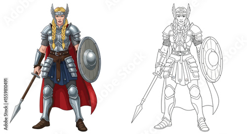 Valkyrie Norse Warrior Woman Coloring Page Iconic Deity in Color and Outline Styles