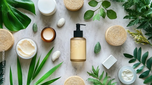 Flat lay photography of a collagen infused skincare routine featuring natural plant based products and botanical elements such as leaves and stems on a neutral minimalist background