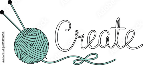 Mint green yarn ball with knitting needles and elegant lettering craft hobby