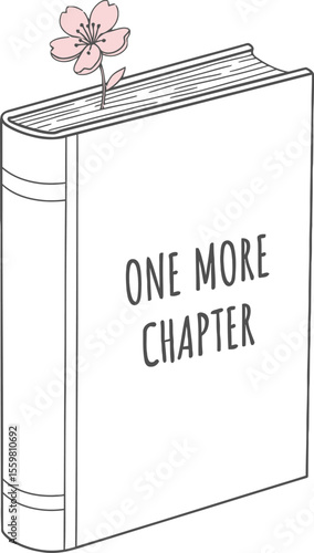 Open book with delicate pink flower and inspirational text reading one more chapter cherry blossom