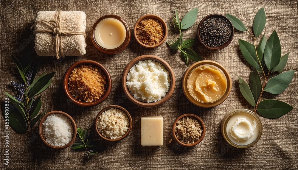 Assorted natural ingredients for skin care displayed in a dynamic flat lay on canvas Assorted natural ingredients for skin care displayed in a dynamic flat lay on canvas
