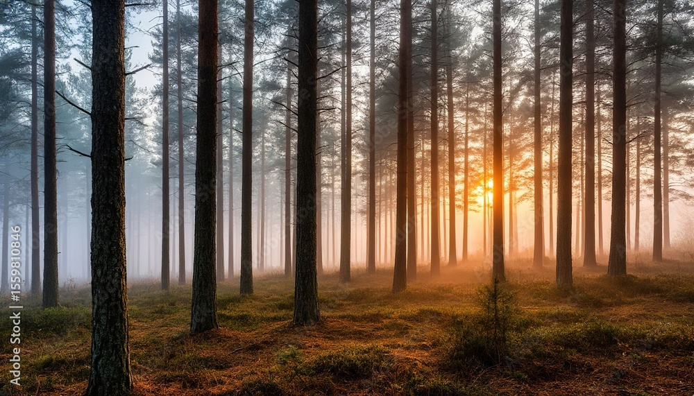 Fototapeta premium foggy coniferous forest morning. mystical atmosphere background.