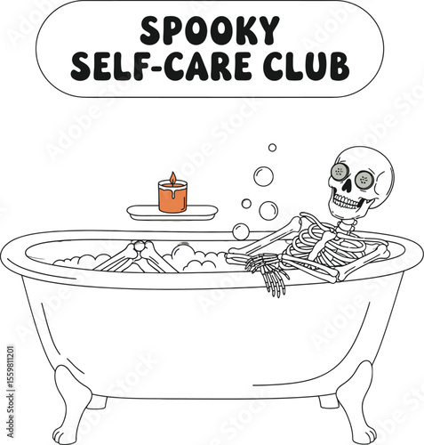 Skeleton relaxing in bubbly bathtub with candle and eye patches bubbles